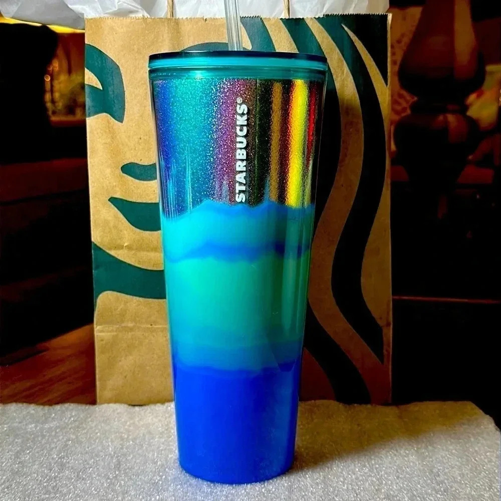 2022 Starbucks Holiday Iridescent Watercolor Blue Waves Cold Cup Tumbler 24oz